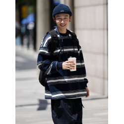 Bellken22AW復古日系藏青休閒條紋長袖T恤男女流行寬松廓形情侶衫