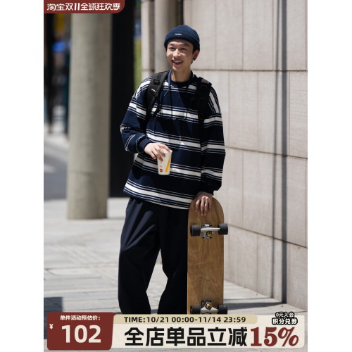 Bellken22AW復古日系藏青休閒條紋長袖T恤男女流行寬松廓形情侶衫