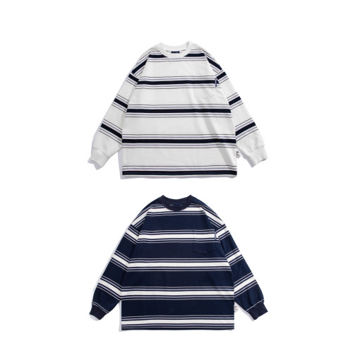 Bellken22AW復古日系藏青休閒條紋長袖T恤男女流行寬松廓形情侶衫