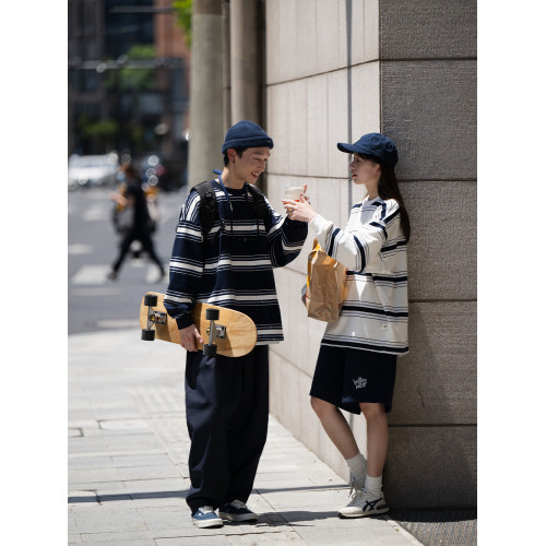 Bellken22AW復古日系藏青休閒條紋長袖T恤男女流行寬松廓形情侶衫