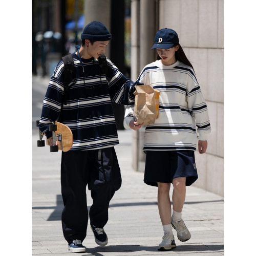 Bellken22AW復古日系藏青休閒條紋長袖T恤男女流行寬松廓形情侶衫