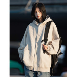 秋冬加絨日系復古連帽華夫格開衫衛衣男女純色休閒寬松夾克外套潮