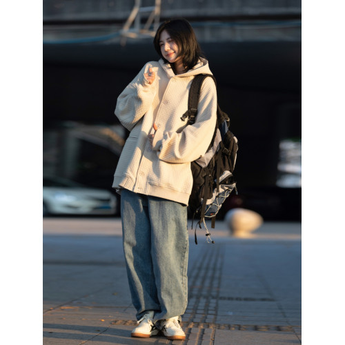 秋冬加絨日系復古連帽華夫格開衫衛衣男女純色休閒寬松夾克外套潮 秋冬加絨日系復古連帽華夫格開衫衛衣男女純色休閒寬松夾克外套潮