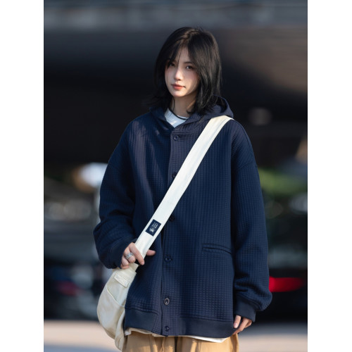 秋冬加絨日系復古連帽華夫格開衫衛衣男女純色休閒寬松夾克外套潮 秋冬加絨日系復古連帽華夫格開衫衛衣男女純色休閒寬松夾克外套潮