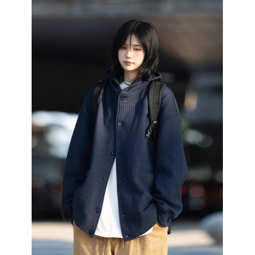 秋冬加絨日系復古連帽華夫格開衫衛衣男女純色休閒寬松夾克外套潮 秋冬加絨日系復古連帽華夫格開衫衛衣男女純色休閒寬松夾克外套潮