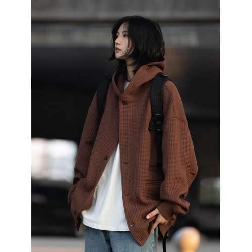 秋冬加絨日系復古連帽華夫格開衫衛衣男女純色休閒寬松夾克外套潮 秋冬加絨日系復古連帽華夫格開衫衛衣男女純色休閒寬松夾克外套潮