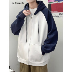 拉夏貝爾青少年連帽衛衣男春秋季2025款潮牌大碼寬松拼色開衫外套