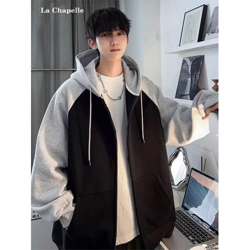 拉夏貝爾青少年連帽衛衣男春秋季2025款潮牌大碼寬松拼色開衫外套 拉夏貝爾青少年連帽衛衣男春秋季2025款潮牌大碼寬松拼色開衫外套