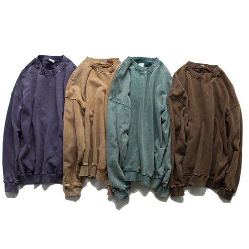 日系復古420G重磅蠟染做舊水洗圓領套頭衛衣 Cityboy潮牌落肩外套