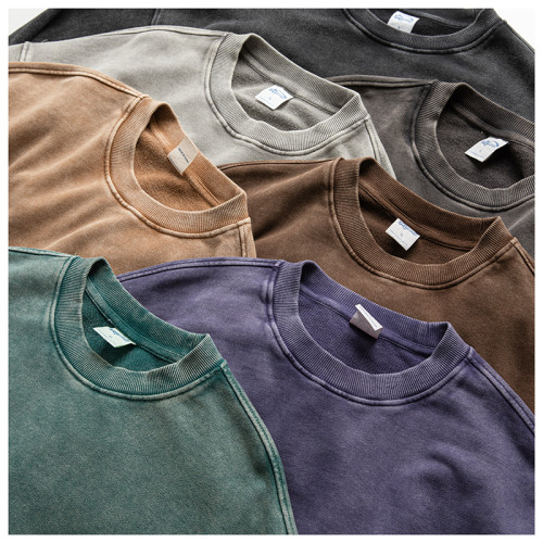 日系復古420G重磅蠟染做舊水洗圓領套頭衛衣 Cityboy潮牌落肩外套