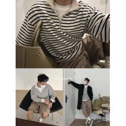 條紋半拉鍊衛衣男秋季新款潮流休閒寬松立領套頭簡約長袖T恤上衣