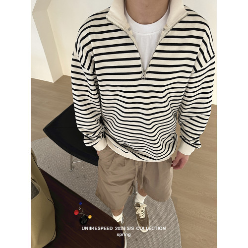 條紋半拉鍊衛衣男秋季新款潮流休閒寬松立領套頭簡約長袖T恤上衣 條紋半拉鍊衛衣男秋季新款潮流休閒寬松立領套頭簡約長袖T恤上衣