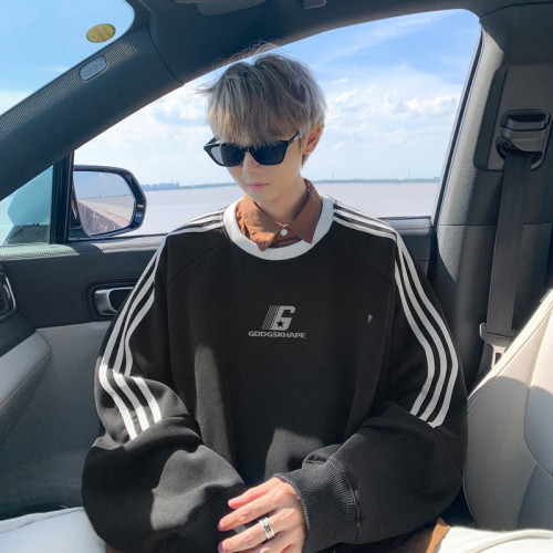 500G重磅加絨圓領衛衣男冬季美式字母寬松打底衫情侶潮牌外套潮流