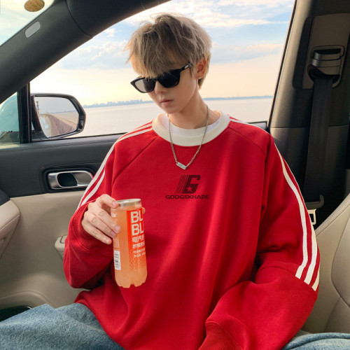 500G重磅加絨圓領衛衣男冬季美式字母寬松打底衫情侶潮牌外套潮流