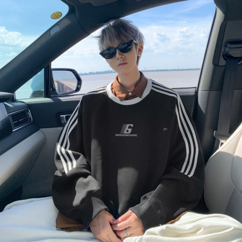 500G重磅加絨圓領衛衣男冬季美式字母寬松打底衫情侶潮牌外套潮流