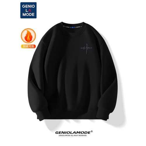 GENIOLAMODE男士圓領衛衣秋冬季寬松無帽加絨上衣黑色高級套頭衫 GENIOLAMODE男士圓領衛衣秋冬季寬松無帽加絨上衣黑色高級套頭衫
