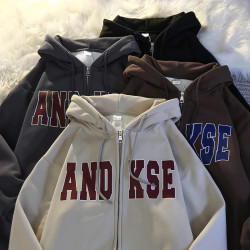 2024新款重磅美式連帽衛衣男春秋季寬松港風秋冬加絨休閒開衫外套