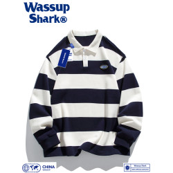 Wassup Shark日系條紋翻領長袖衛衣男秋季寬松情侶裝polo領上衣女