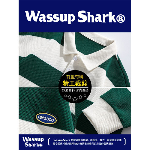 Wassup Shark日系條紋翻領長袖衛衣男秋季寬松情侶裝polo領上衣女 Wassup Shark日系條紋翻領長袖衛衣男秋季寬松情侶裝polo領上衣女