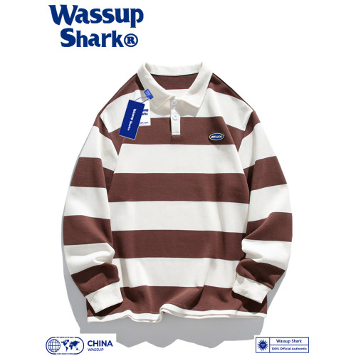 Wassup Shark日系條紋翻領長袖衛衣男秋季寬松情侶裝polo領上衣女 Wassup Shark日系條紋翻領長袖衛衣男秋季寬松情侶裝polo領上衣女