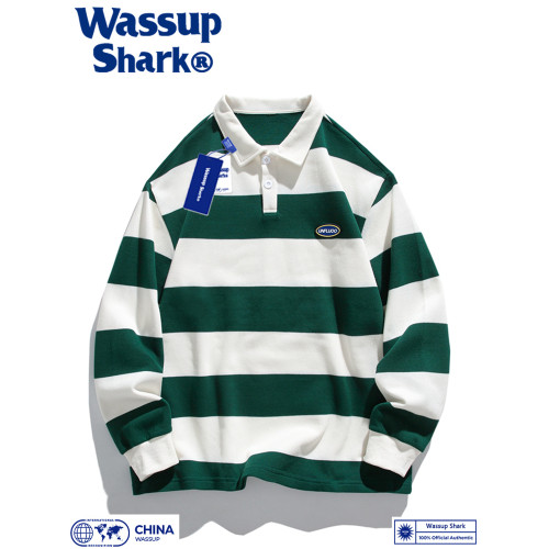 Wassup Shark日系條紋翻領長袖衛衣男秋季寬松情侶裝polo領上衣女 Wassup Shark日系條紋翻領長袖衛衣男秋季寬松情侶裝polo領上衣女