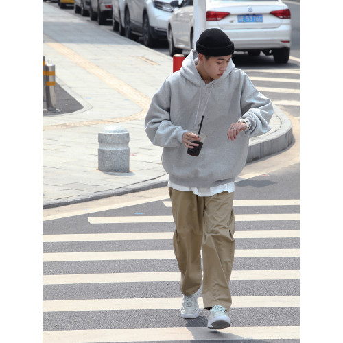 Batterup秋冬新款外套美式寬鬆純色oversize灰色連帽衛衣男潮加絨