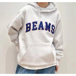 23AW BEAMS純棉寬松休閒復古刺綉字母學院風連帽套頭衛衣男潮