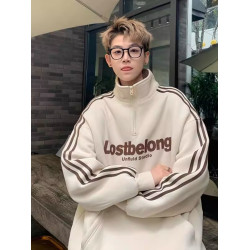 美式復古條紋重磅立領衛衣男加絨秋冬新款高寬松街潮牌半拉鍊外套