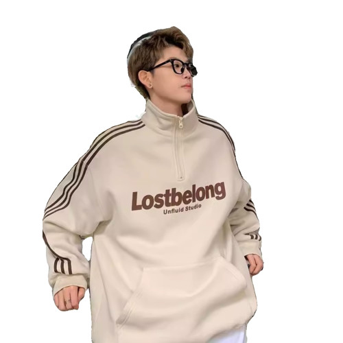 美式復古條紋重磅立領衛衣男加絨秋冬新款高寬松街潮牌半拉鍊外套 美式復古條紋重磅立領衛衣男加絨秋冬新款高寬松街潮牌半拉鍊外套