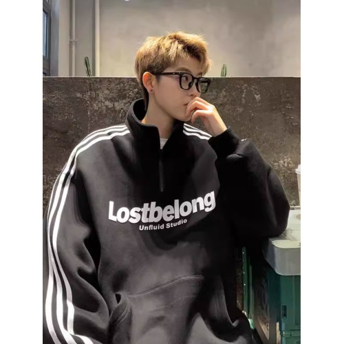 美式復古條紋重磅立領衛衣男加絨秋冬新款高寬松街潮牌半拉鍊外套 美式復古條紋重磅立領衛衣男加絨秋冬新款高寬松街潮牌半拉鍊外套