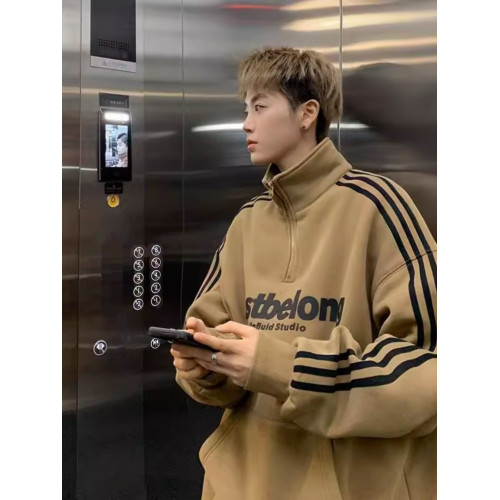 美式復古條紋重磅立領衛衣男加絨秋冬新款高寬松街潮牌半拉鍊外套 美式復古條紋重磅立領衛衣男加絨秋冬新款高寬松街潮牌半拉鍊外套