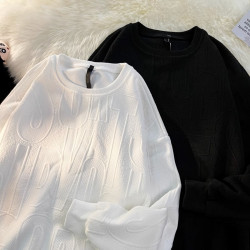 日系華夫格提花長袖衛衣男女2025新款春秋情侶裝圓領白色內搭上衣