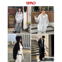 SPAO韓國同款秋季休閒開衫男女同款薄絨寬松落肩連帽衛衣外套上衣
