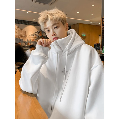 假兩件連帽衛衣男春秋冬美式潮牌半拉鍊重磅男生外套痞帥高領上衣