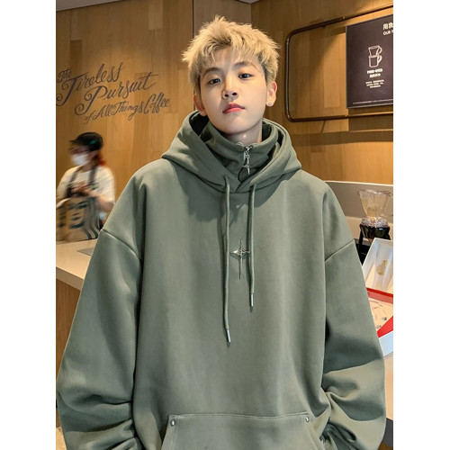 假兩件連帽衛衣男春秋冬美式潮牌半拉鍊重磅男生外套痞帥高領上衣