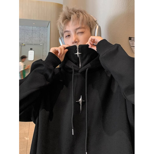 假兩件連帽衛衣男春秋冬美式潮牌半拉鍊重磅男生外套痞帥高領上衣