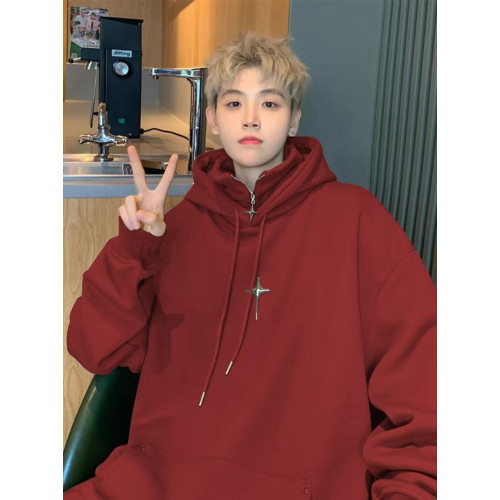 假兩件連帽衛衣男春秋冬美式潮牌半拉鍊重磅男生外套痞帥高領上衣