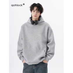 新款重磅加絨連帽衛衣男女秋季潮牌寬松oversize灰色情侶帽衫外套