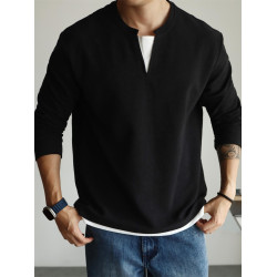 YUXIAN日系小毛圈V型棉混紡肌理感曡片假兩件長袖T恤休閒衛衣男士