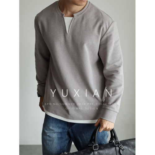 YUXIAN日系小毛圈V型棉混紡肌理感曡片假兩件長袖T恤休閒衛衣男士 YUXIAN日系小毛圈V型棉混紡肌理感曡片假兩件長袖T恤休閒衛衣男士