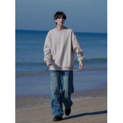 @港仔文藝男 420g重磅圓領衛衣男秋冬款復古純色oversize套頭衫