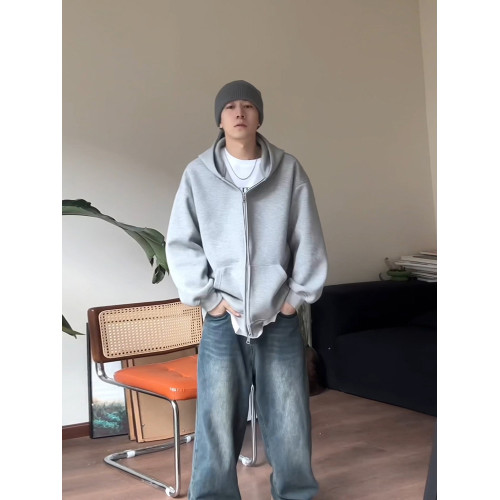 灰色重磅開衫衛衣男美式cleanfit雙拉鍊春秋加絨連帽衫拉鍊外套潮