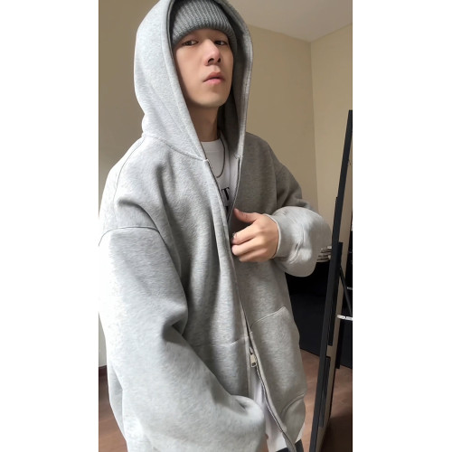 灰色重磅開衫衛衣男美式cleanfit雙拉鍊春秋加絨連帽衫拉鍊外套潮