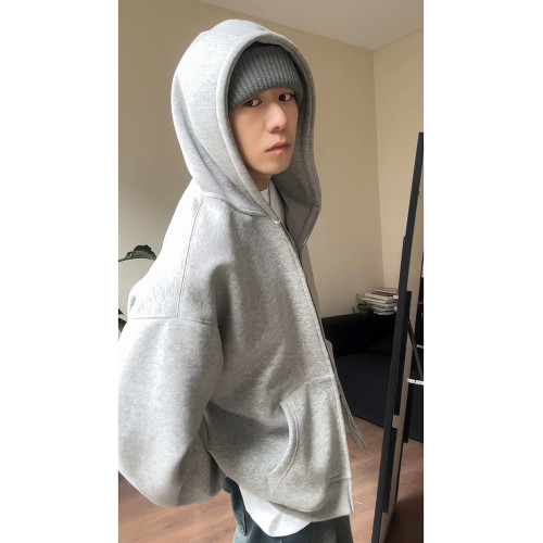 灰色重磅開衫衛衣男美式cleanfit雙拉鍊春秋加絨連帽衫拉鍊外套潮