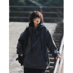 阿於呆日系復古加絨加厚套頭連帽衛衣女搖粒絨男寬松秋冬美式外套