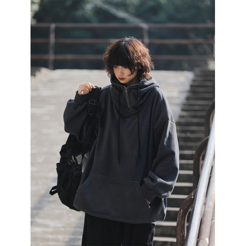 阿於呆日系復古加絨加厚套頭連帽衛衣女搖粒絨男寬松秋冬美式外套