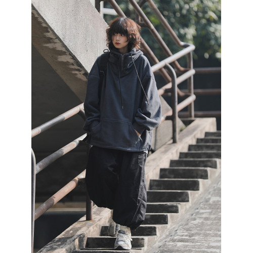 阿於呆日系復古加絨加厚套頭連帽衛衣女搖粒絨男寬松秋冬美式外套