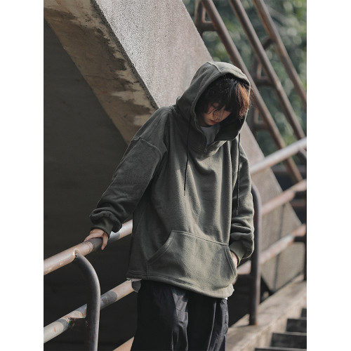 阿於呆日系復古加絨加厚套頭連帽衛衣女搖粒絨男寬松秋冬美式外套