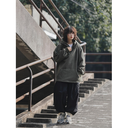 阿於呆日系復古加絨加厚套頭連帽衛衣女搖粒絨男寬松秋冬美式外套