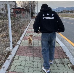 韓國IAB STUDIO連帽衛衣套裝加絨帽衫男女同款運動休閒套頭外套